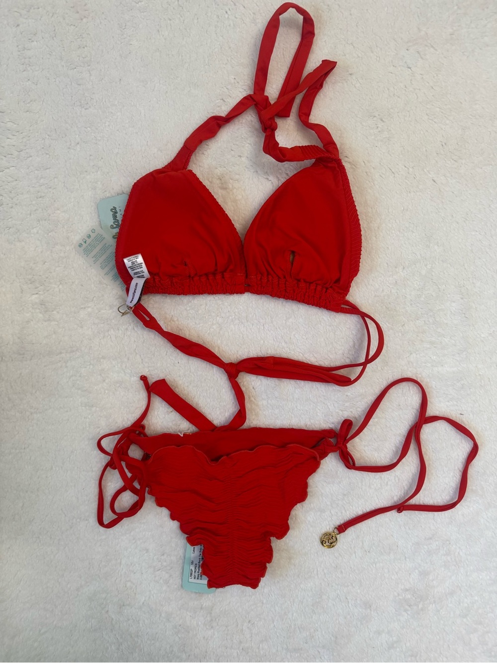 Luli Fama Hot Tropics Lava  Red Textured Wave Rushed Triangle Bikini XS Top M - Picture 12 of 15